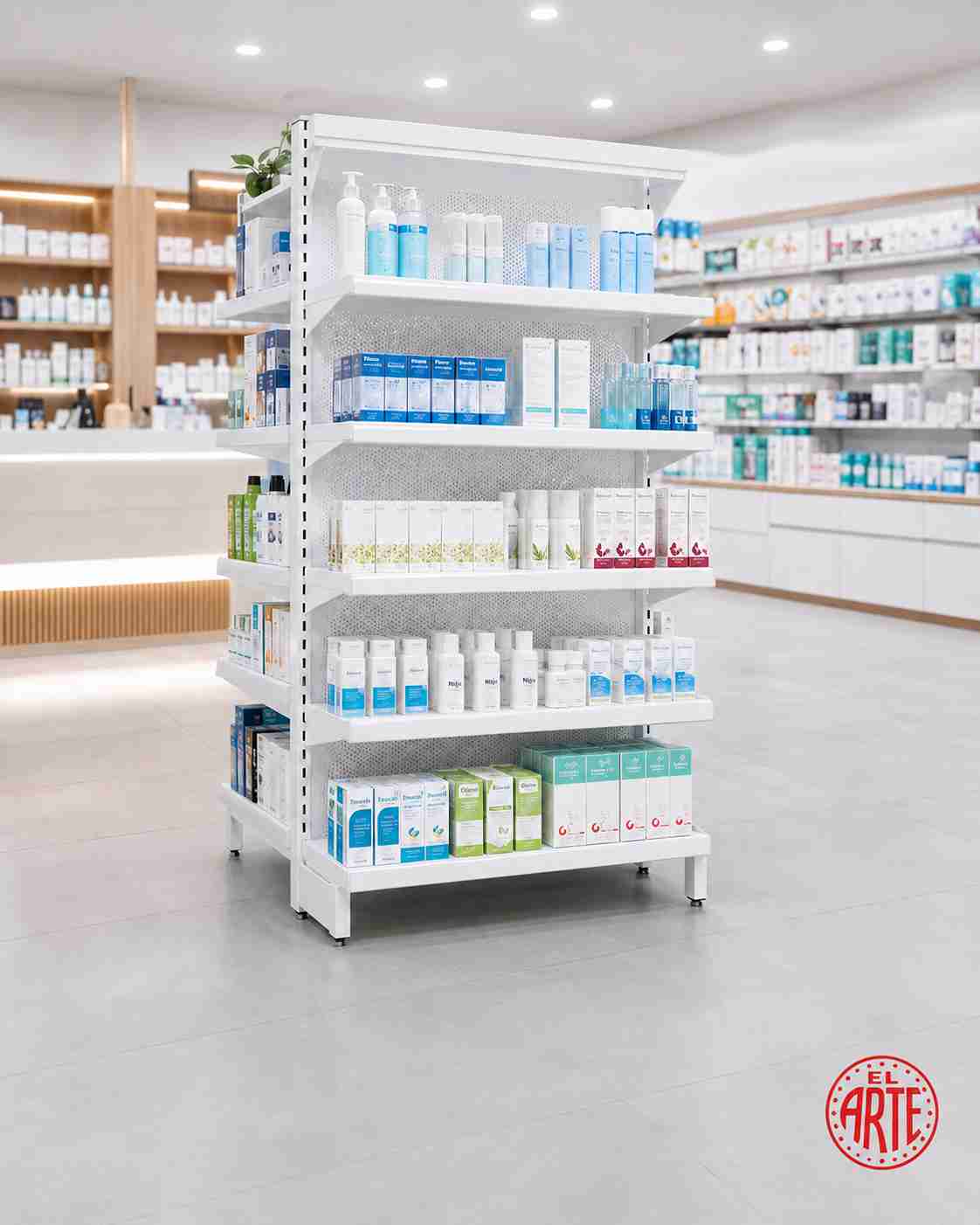 Góndola y estantería metálica para farmacia fabricada por EL ARTE en Lima Norte
